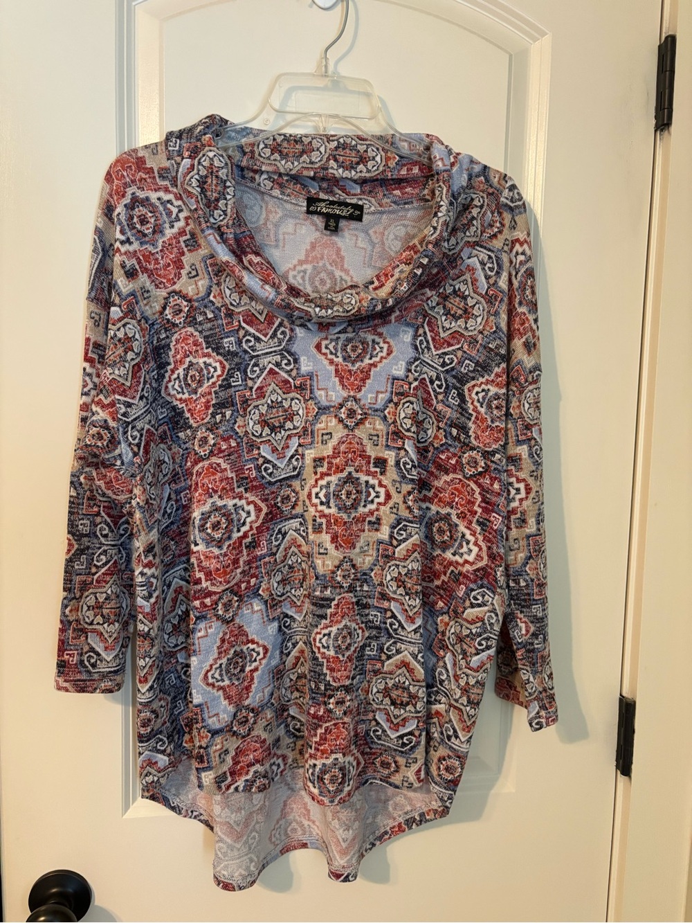 Absolutely Famous Red Blue Geometric Cowl Neck Tunic